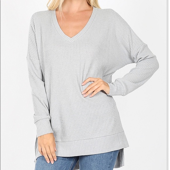 NWT zenana outfitters Waffle knit tunic light gray high low long sleeve casual - Picture 1 of 7